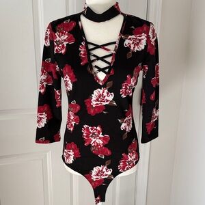 Charlotte Russe Black and Red Floral Bodysuit